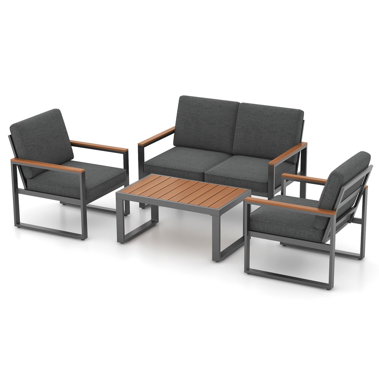 4 Piece Patio Furniture Set with Wood-Plastic Armrests and Aluminum Frame Ideal for Outdoor Use